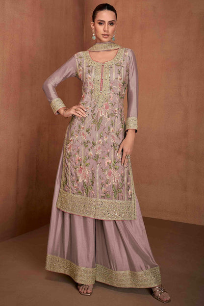 Mauve Colour Chinon Palazzo Pant Suit VSSM1112963