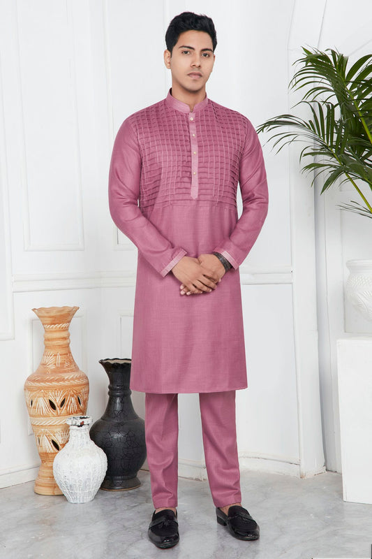 Mauve Colour Linen Cotton Pintex Work Kurta Pajama