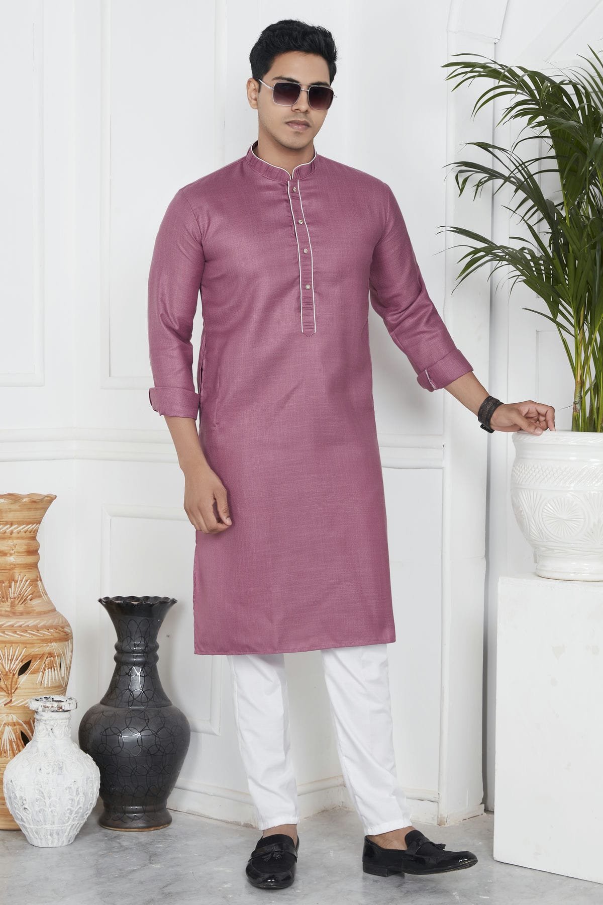 Mauve Colour Linen Cotton Pintex Work Kurta Pajama VSKP1230134