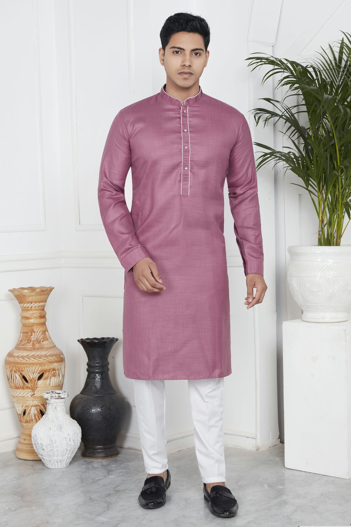 Mauve Colour Linen Cotton Pintex Work Kurta Pajama