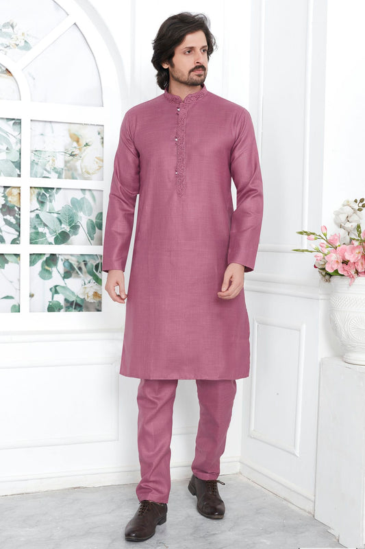 Mauve Colour Linen Cotton Thread Work Kurta Pajama