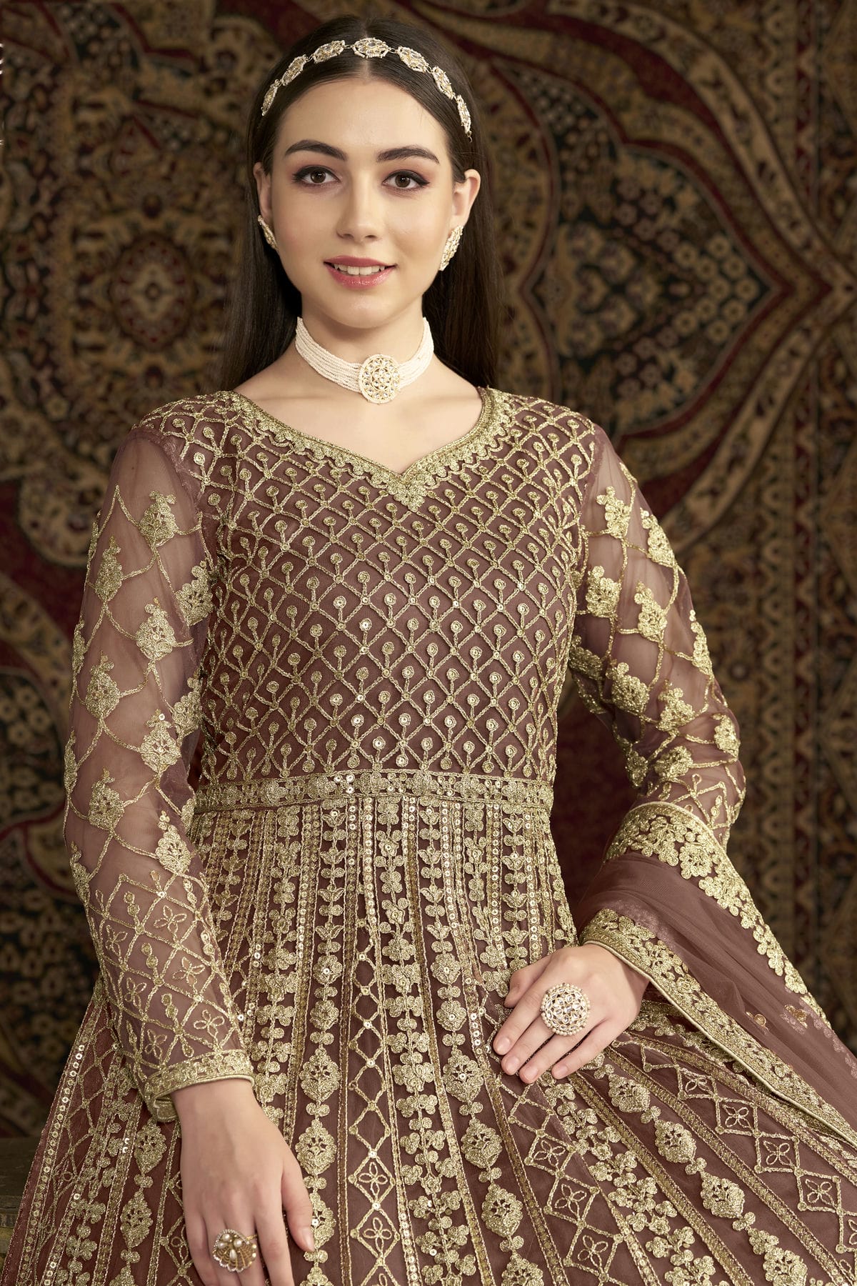 Mauve Colour Net Semi Stitched Anarkali Suit VSSM1050660