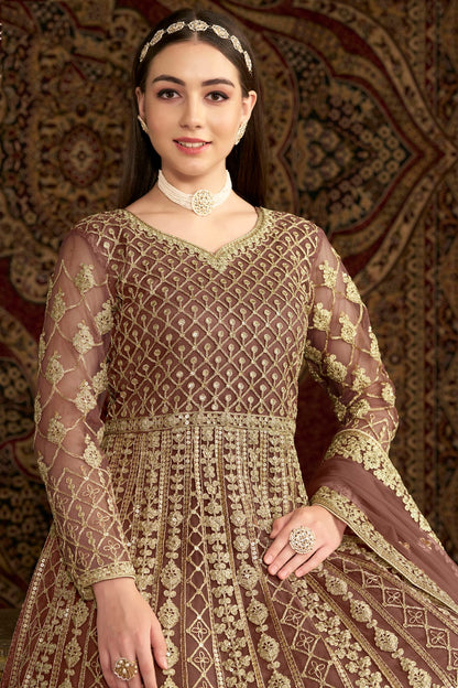 Mauve Colour Net Semi Stitched Anarkali Suit VSSM1050660