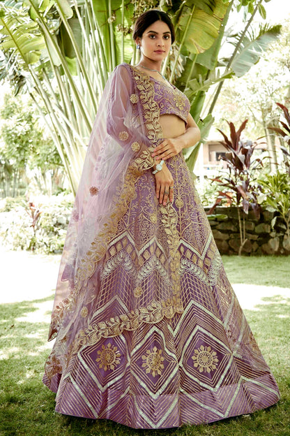 Mauve Colour Net Semi Stitched Lehenga Choli VSLC1170082