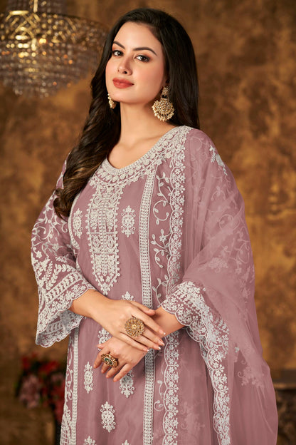 Mauve Colour Plazoo Pant Suit Net Semi Stitched VSSM1050530