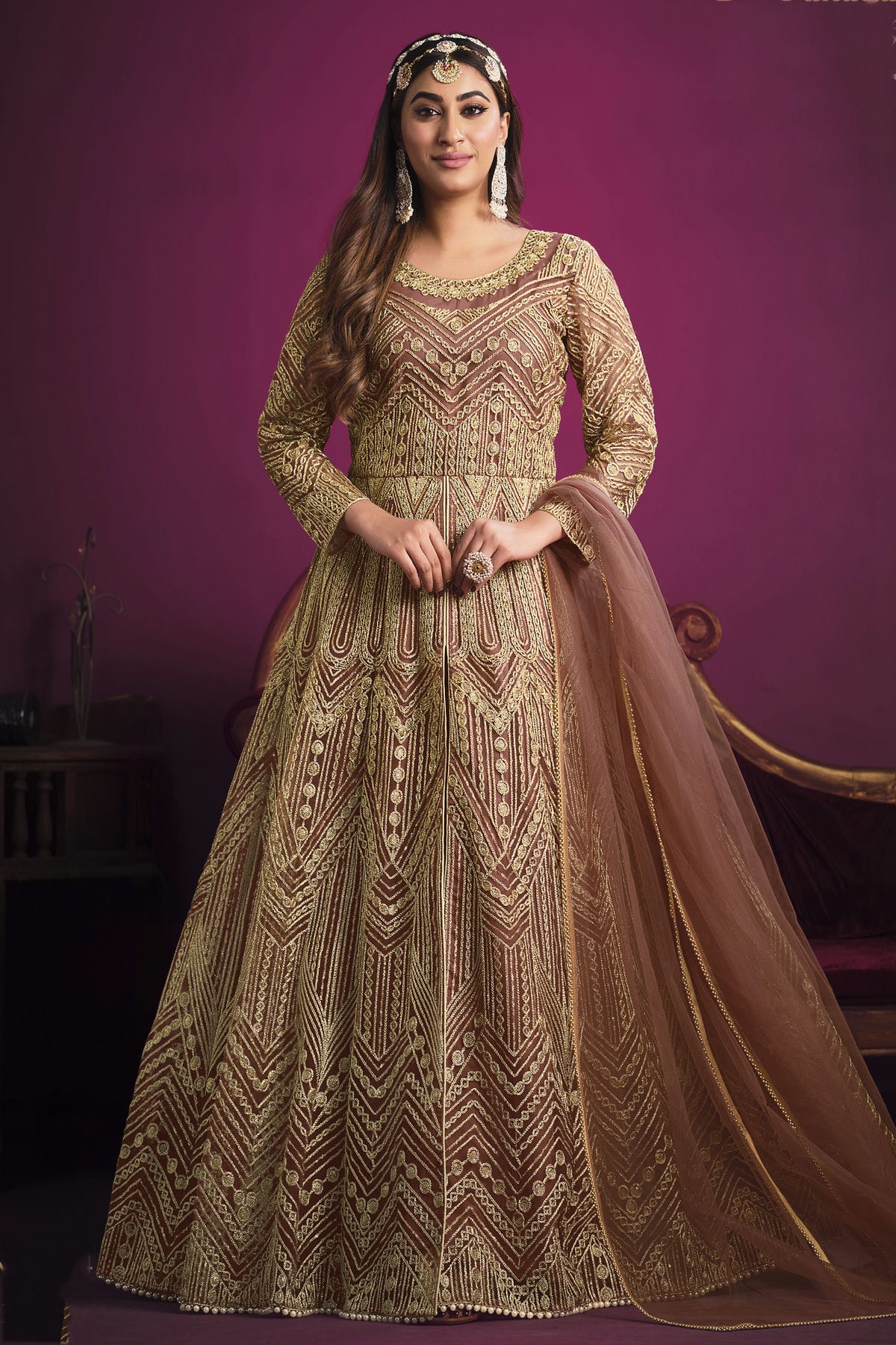 Mauve Colour Semi Stitched Net Pant Style Suit