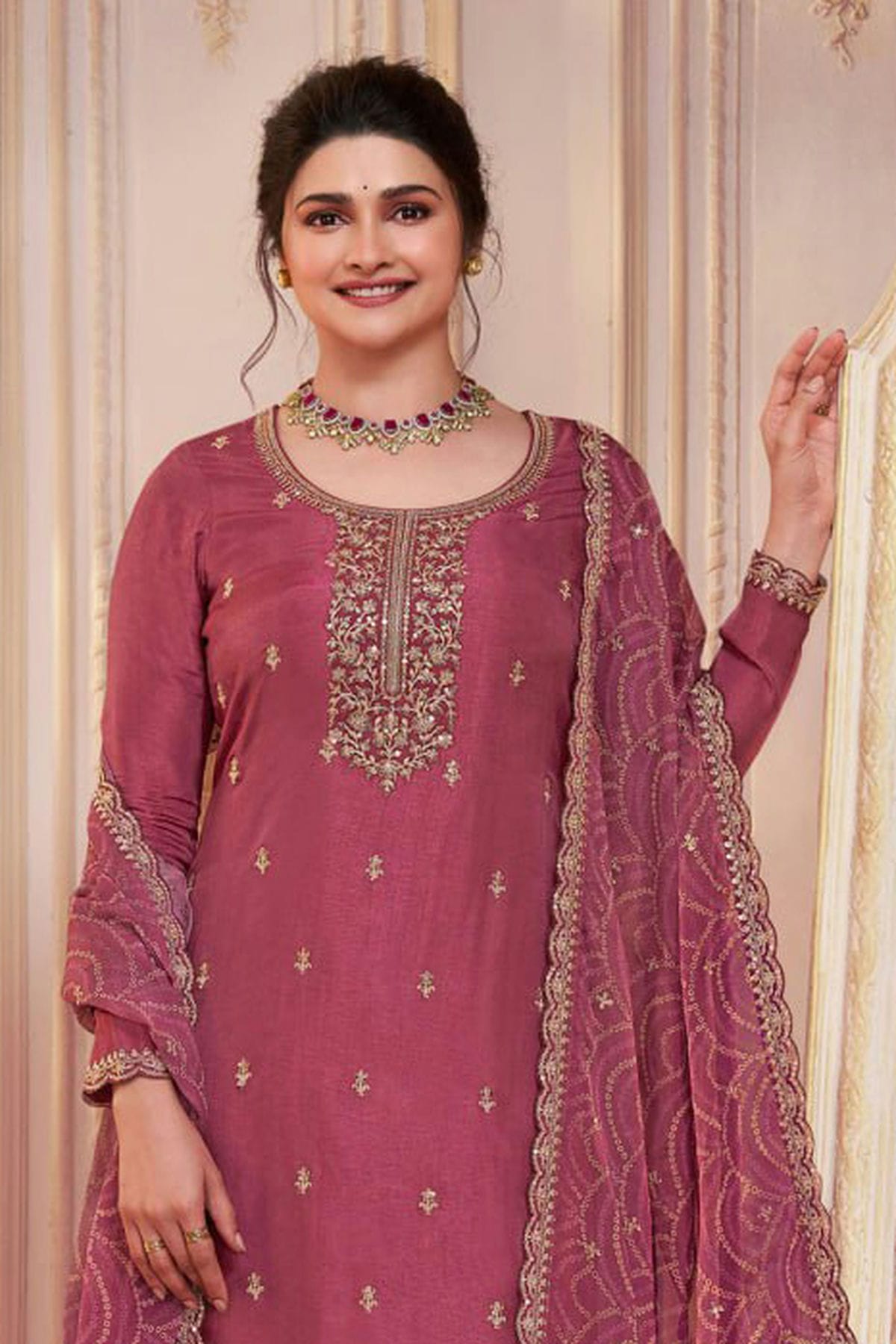 Mauve Colour Semi Stitched Silk Georgette Pant Style Suit VSSM1140505