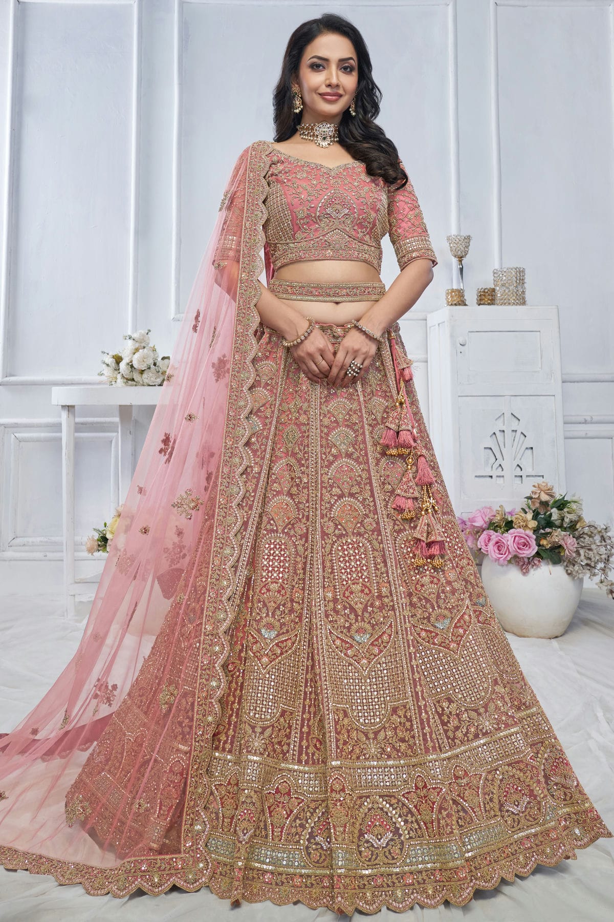 Mauve Colour Soft Net Embroidery Lehenga Choli