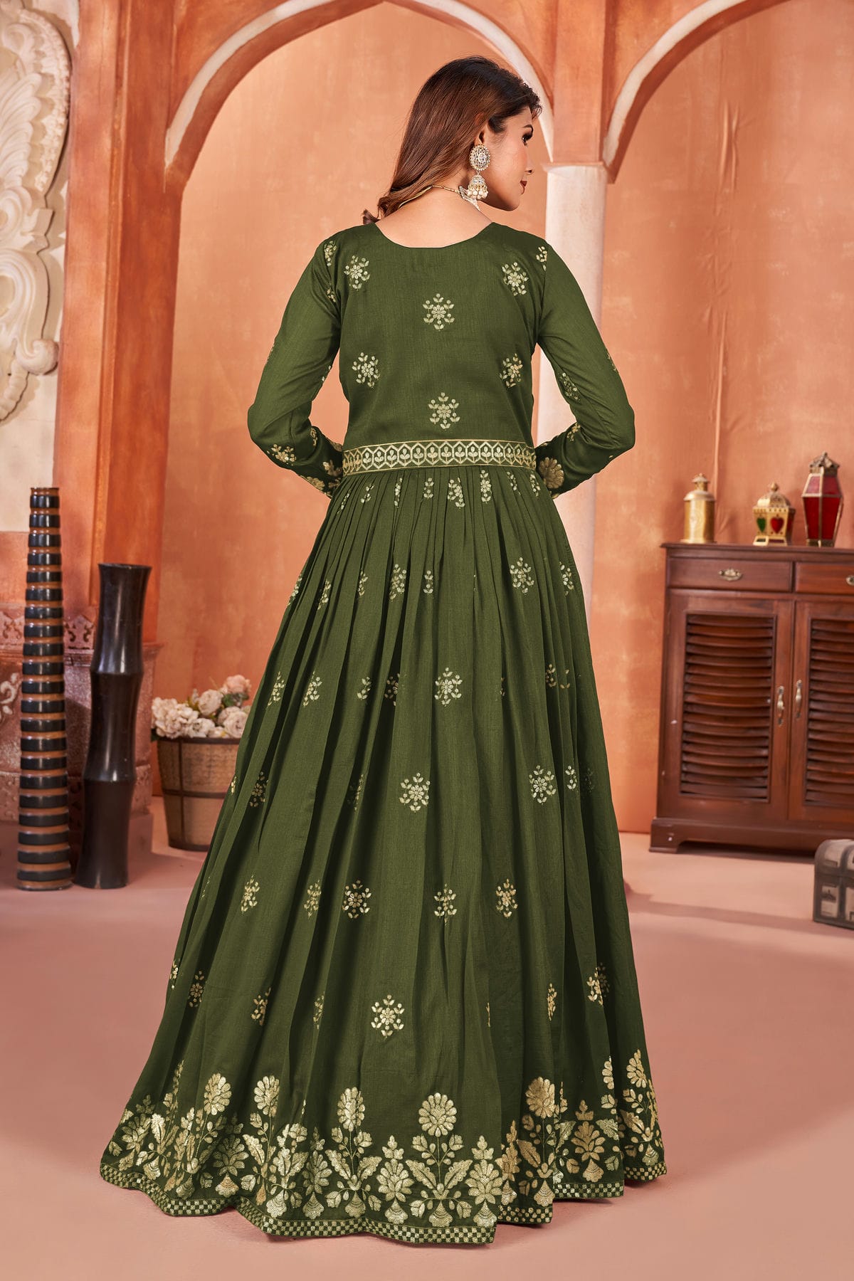 Mehendi Green Colour Anarkali Suit Art Silk Semi Stitched VSSM1050510