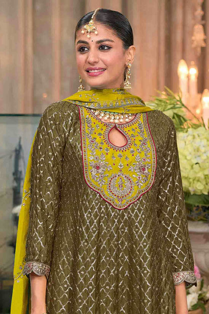 Mehendi Green Colour Chinon Stitched Patiala Suit VSSS1140965