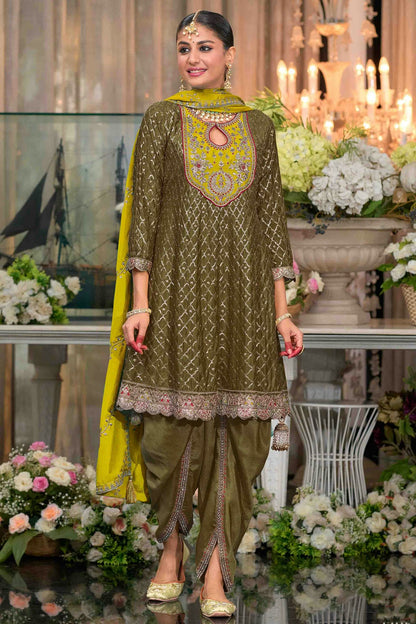 Mehendi Green Colour Chinon Stitched Patiala Suit VSSS1140965