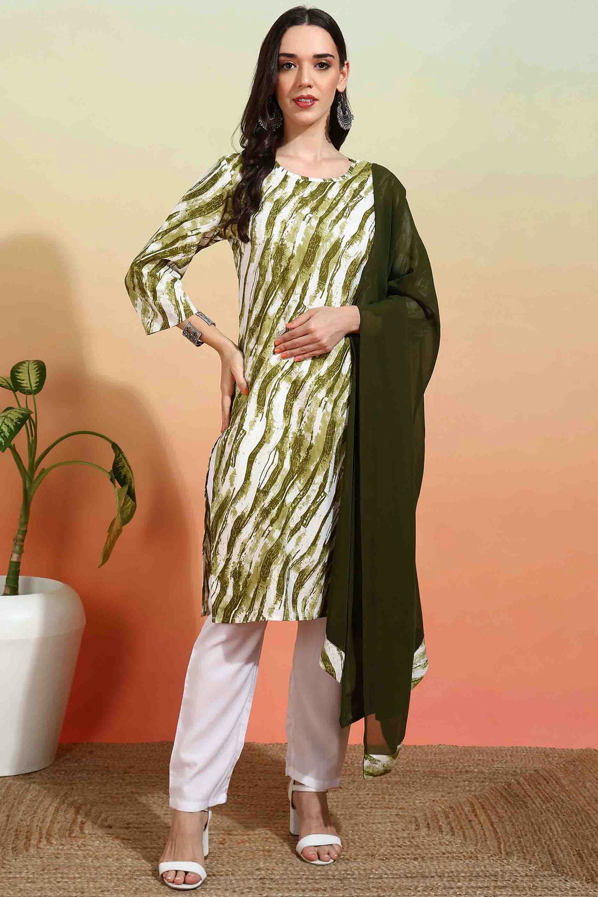 Mehendi Green Colour Crepe Printed Pant Style Suit VSSS1113639