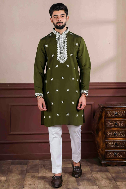 Mehendi Green Colour Embroidery Viscose Kurta Pajama VSKP1113412
