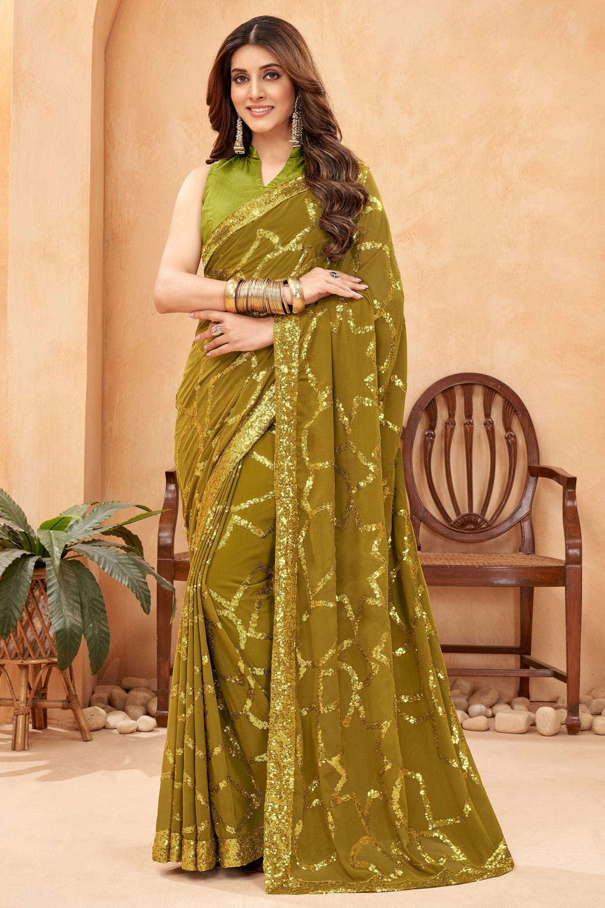 Mehendi Green Colour Faux Georgette Designer Saree