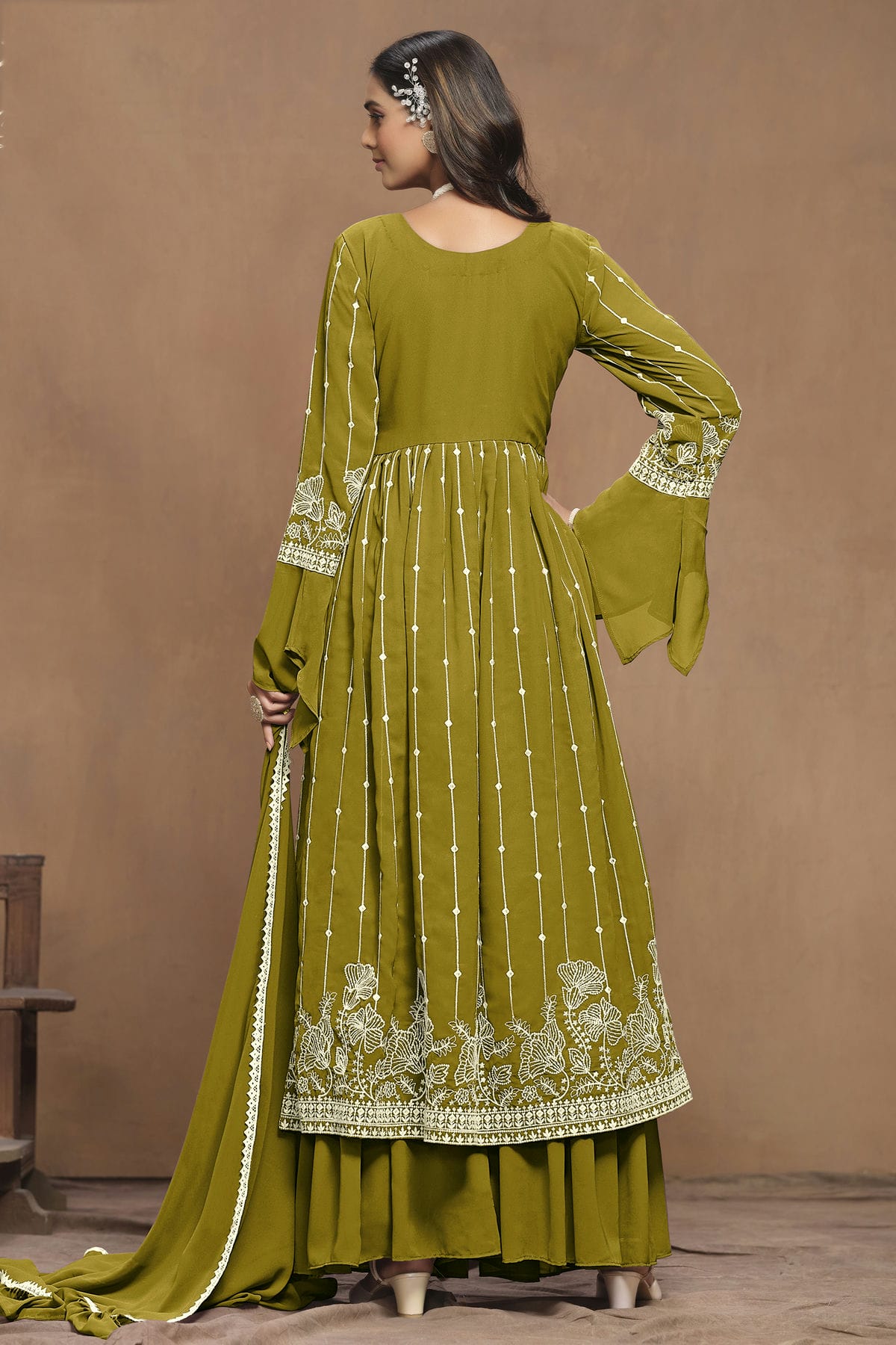Mehendi Green Colour Faux Georgette Semi Stitched Sharara Suit VSSM1050596