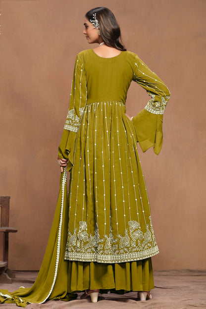 Mehendi Green Colour Faux Georgette Semi Stitched Sharara Suit VSSM1050596