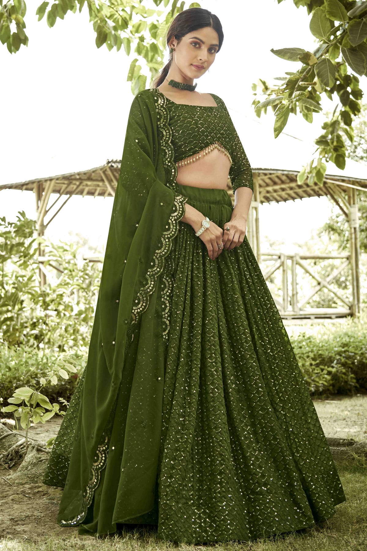 Mehendi Green Colour Georgette Semi Stitched Lehenga Choli VSLC1170080