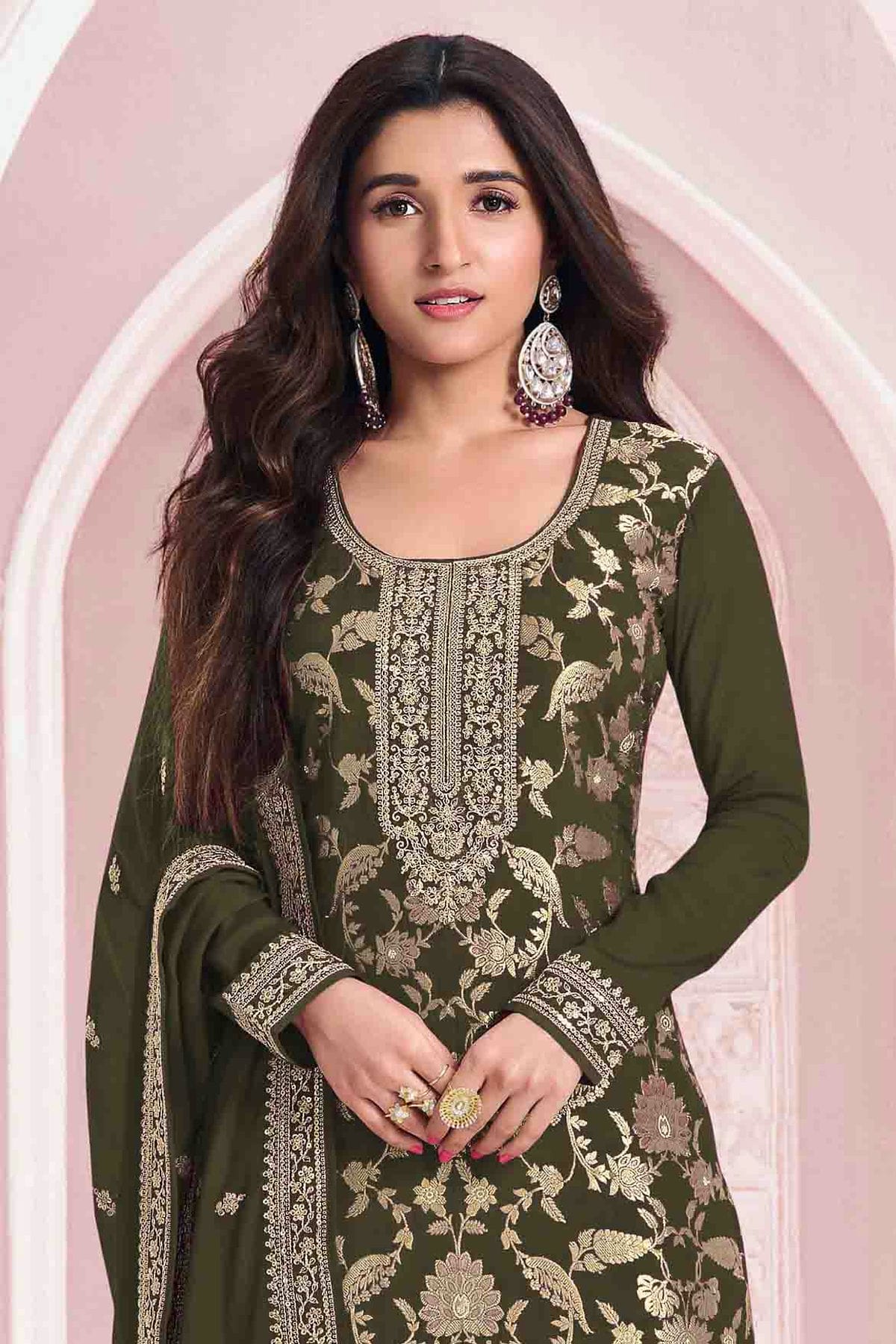 Mehendi Green Colour Jacquard Viscose Pant Style Suit VSSM1140909