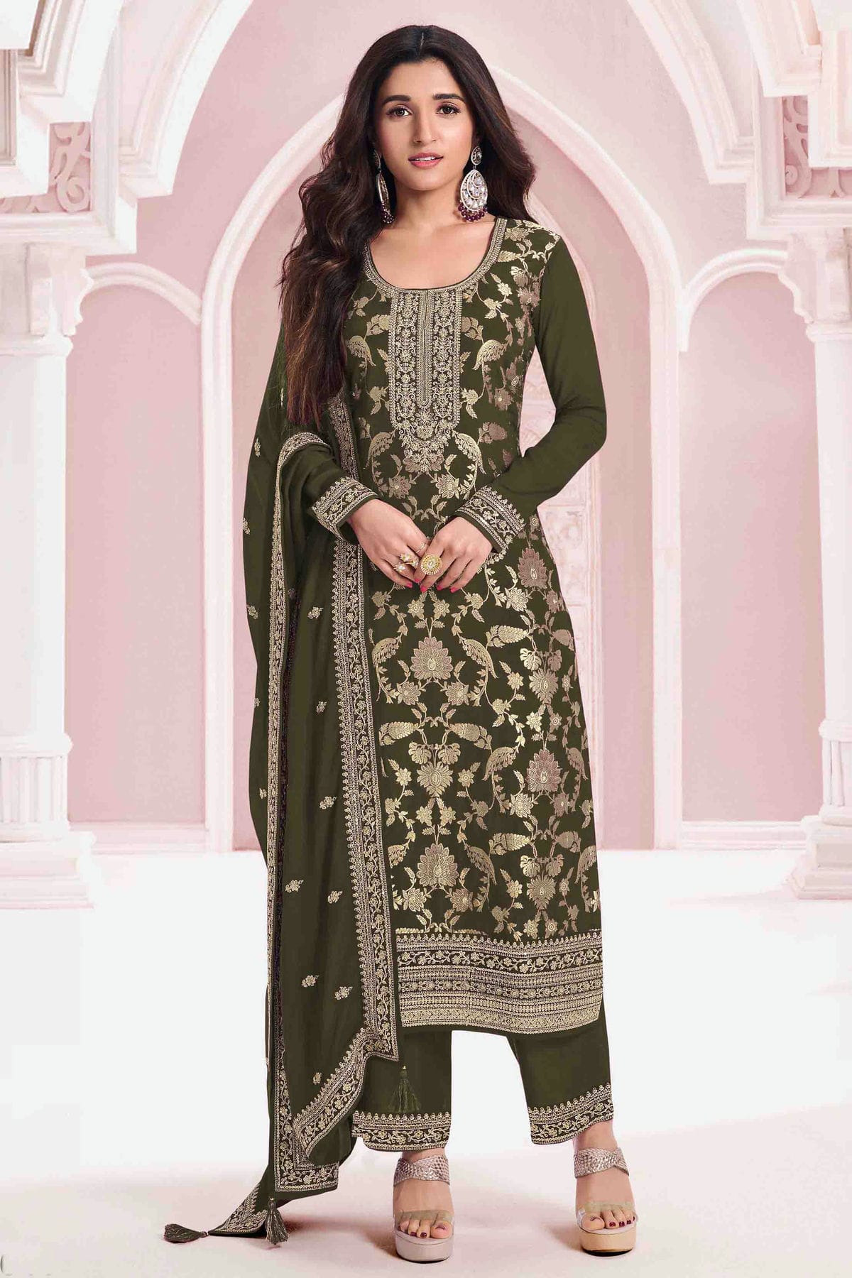 Mehendi Green Colour Jacquard Viscose Pant Style Suit VSSM1140909