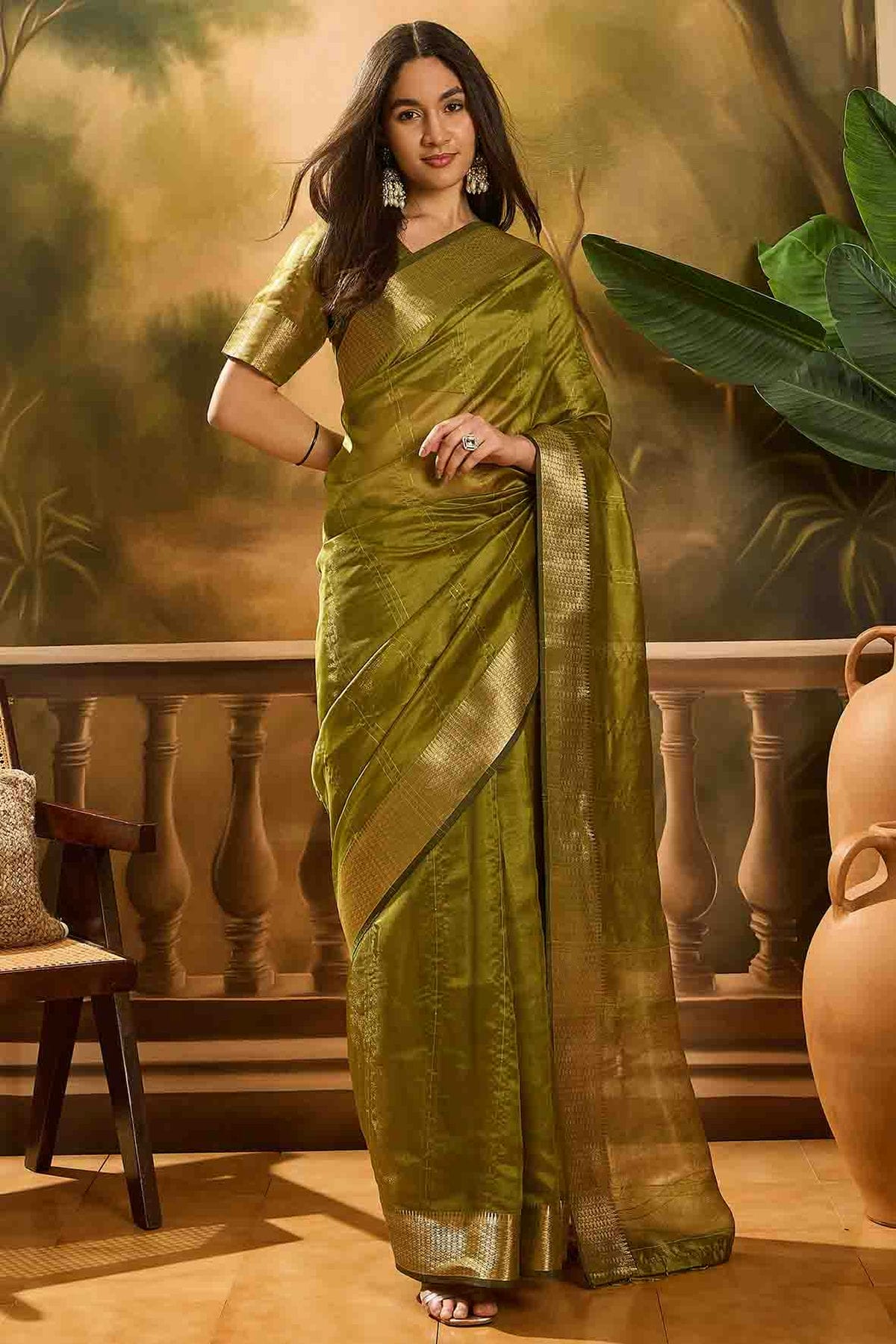 Mehendi Green Colour Khadi Organza Traditional Saree VSSD1113876