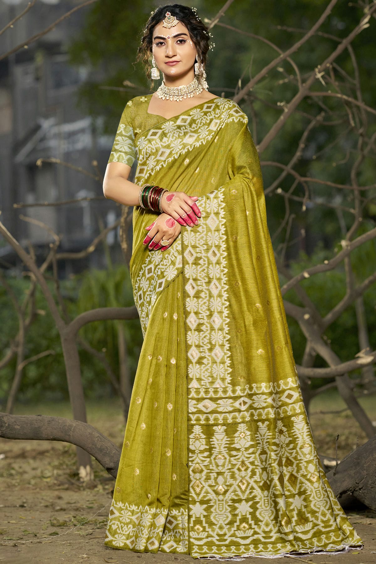 Mehendi Green Colour Linen Cotton Woven Work Traditional Saree