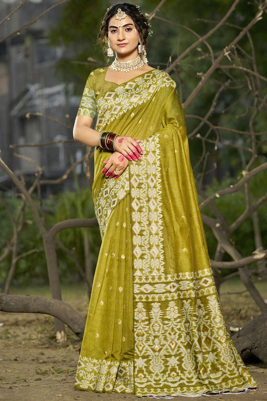 Mehendi Green Colour Linen Cotton Woven Work Traditional Saree