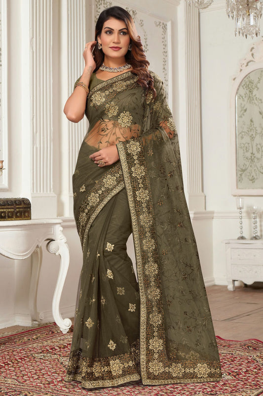 Mehendi Green Colour Net Designer Saree