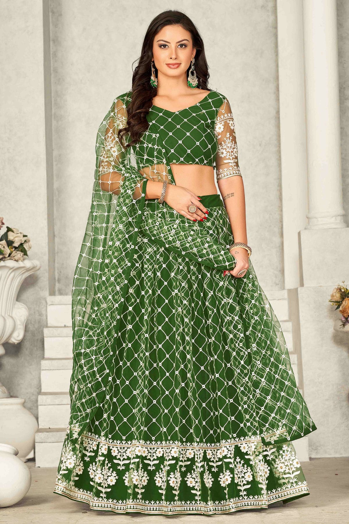 Mehendi Green Colour Net Semi Stitched Lehenga Choli VSLC1170070