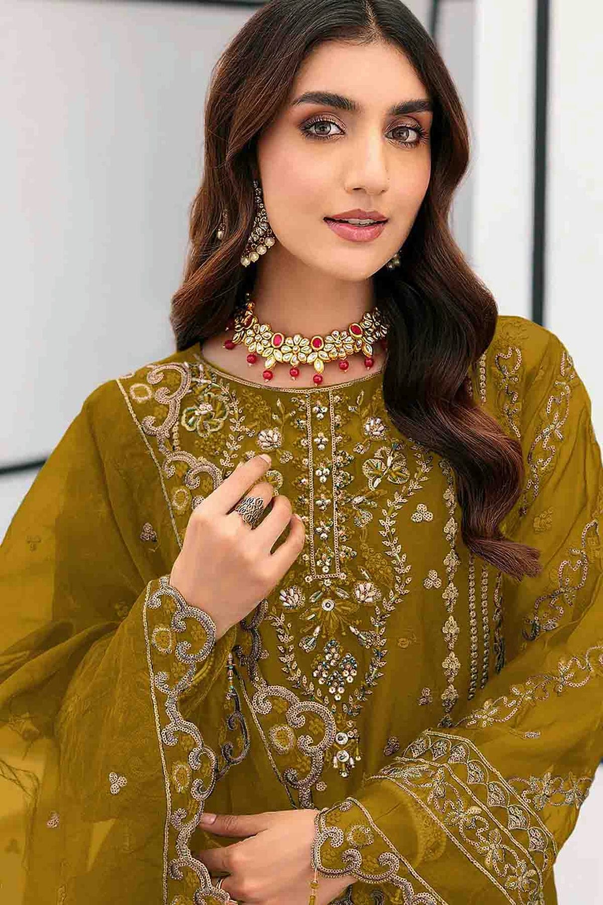 Mehendi Green Colour Organza Pakistani Suit VSSM1140851