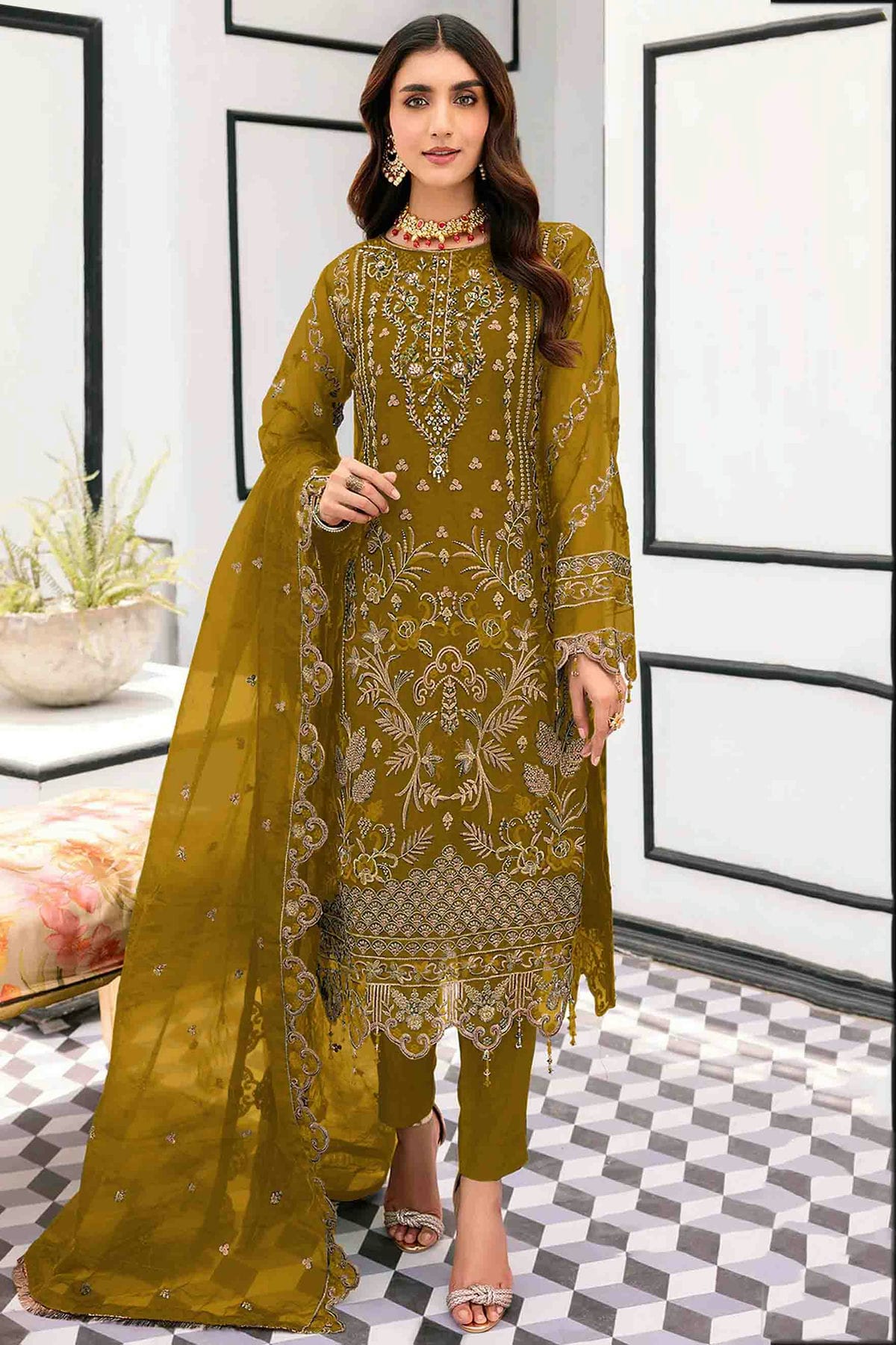 Mehendi Green Colour Organza Pakistani Suit VSSM1140851