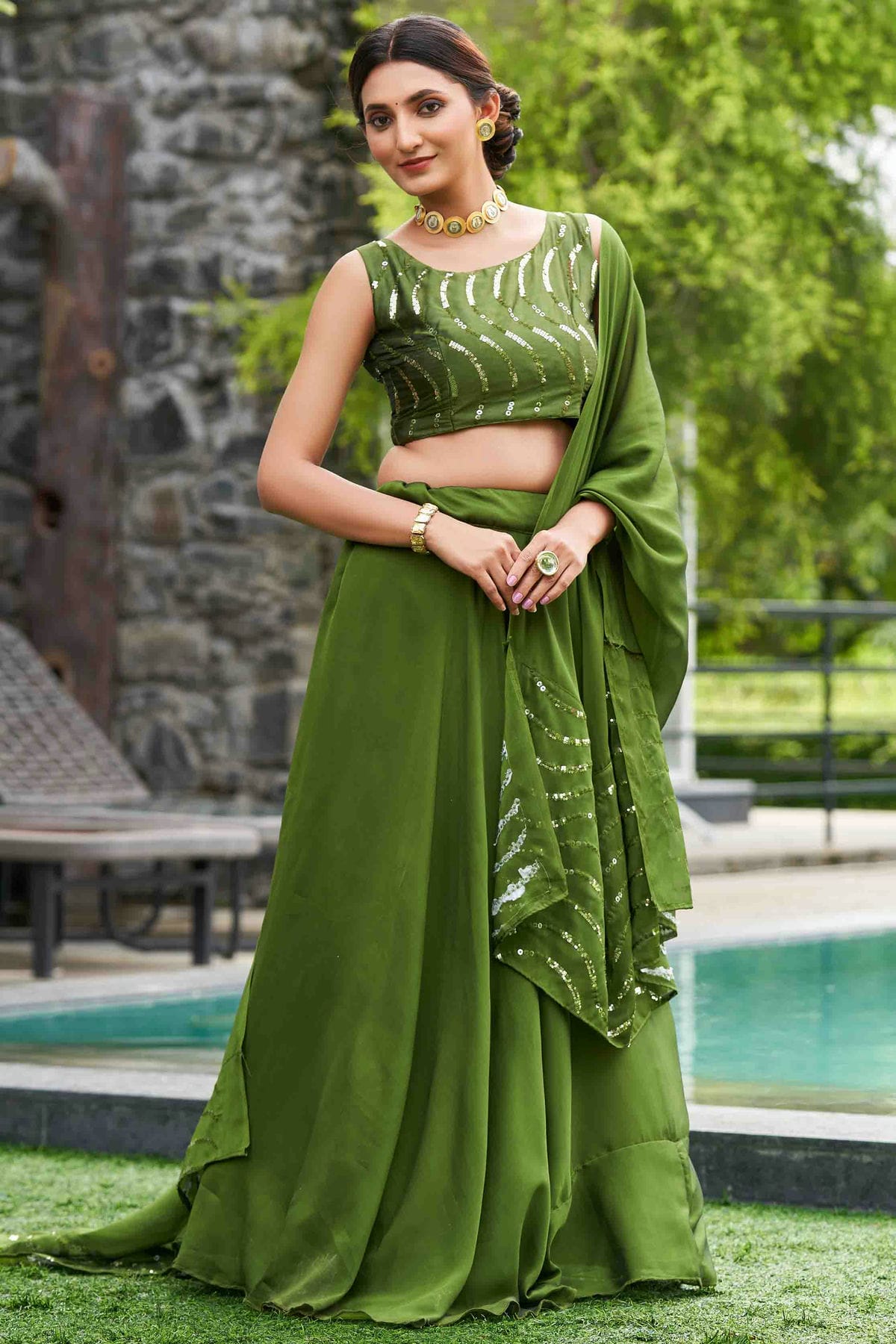 Mehendi Green Colour Rangoli Silk Semi Stitched Lehenga Choli VSLC1170059