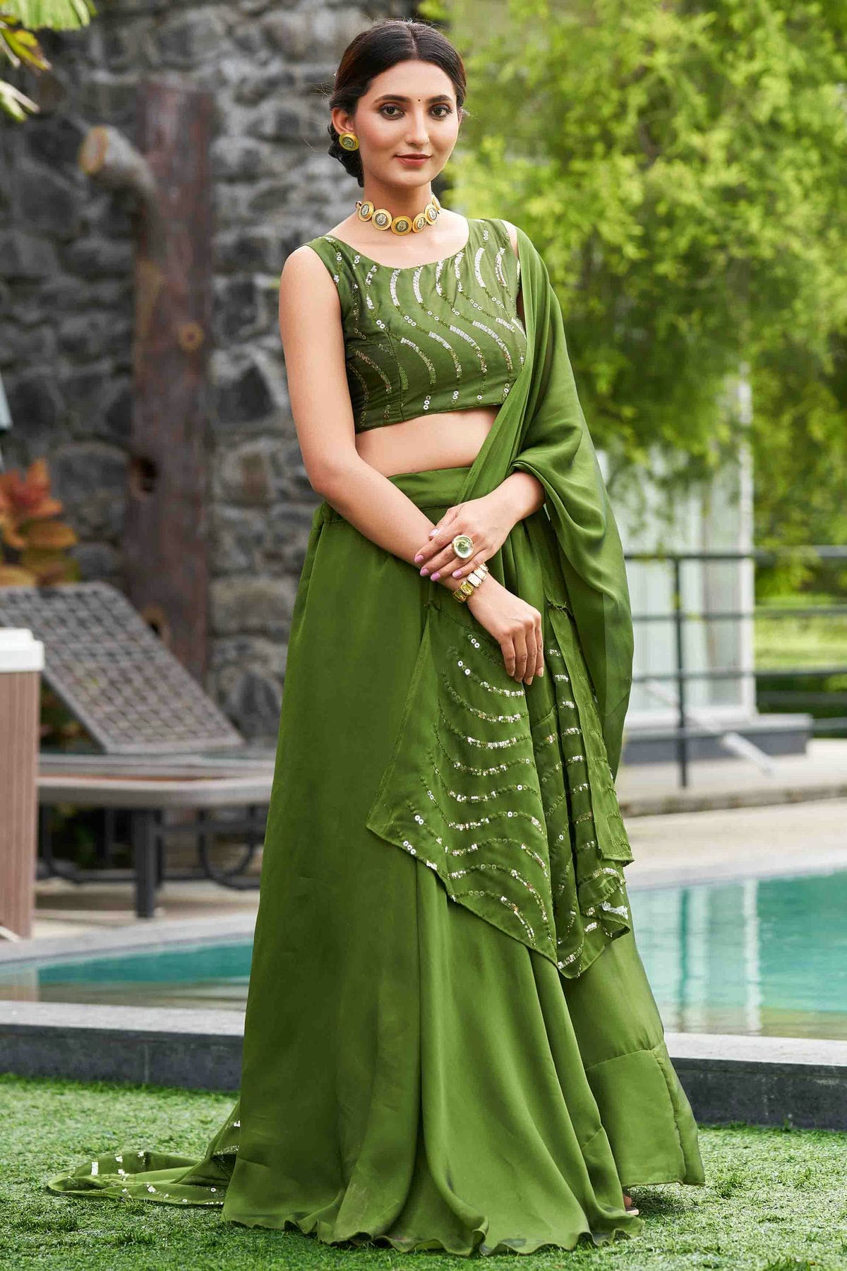 Mehendi Green Colour Rangoli Silk Semi Stitched Lehenga Choli VSLC1170059