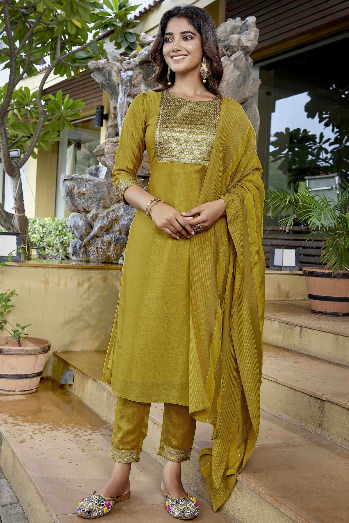 Mehendi Green Colour Solid Silk Blend Pant Style Suit VSSS1113470