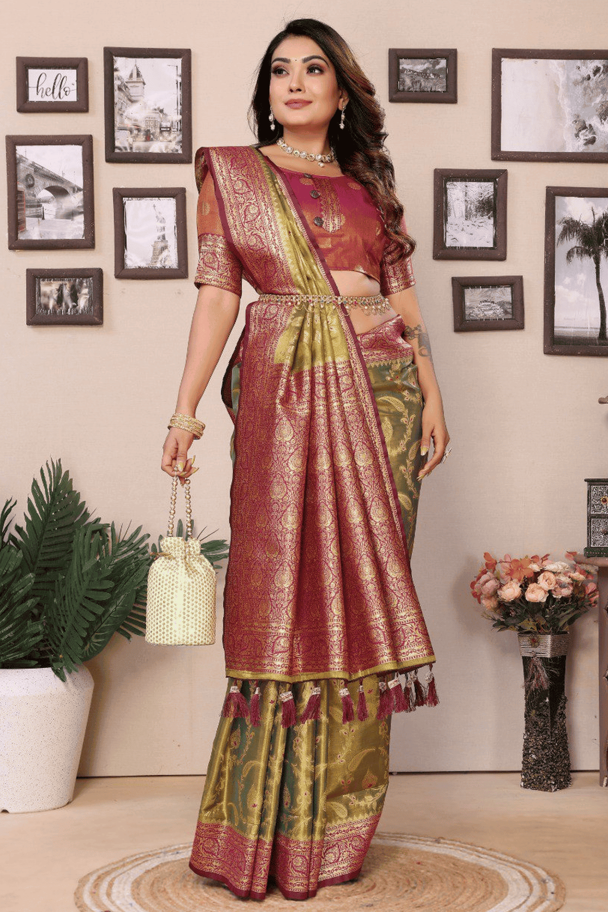 Mehendi Green Colour Woven Work Pure Banarasi Tissue Silk Traditional Saree