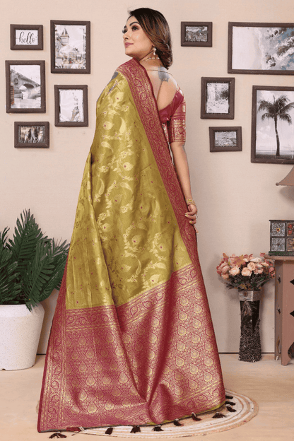 Mehendi Green Colour Woven Work Pure Banarasi Tissue Silk Traditional Saree