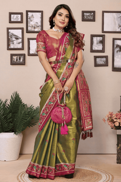 Mehendi Green Colour Woven Work Pure Banarasi Tissue Silk Traditional Saree