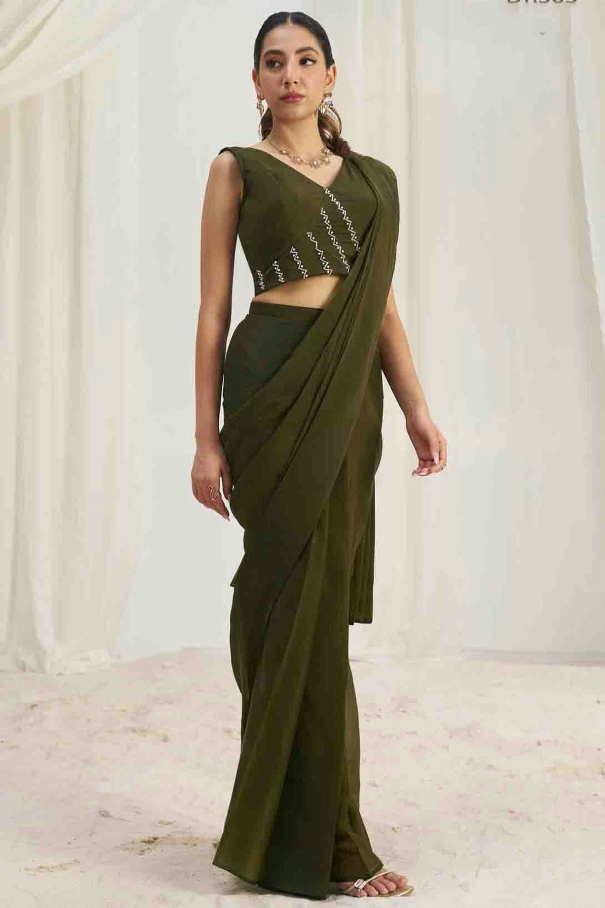 Mehendi Green Organza Hand Work Ready To Wear Saree VSSD1080979