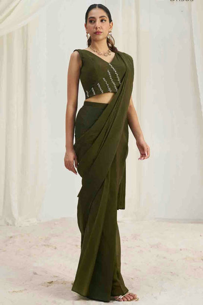 Mehendi Green Organza Hand Work Ready To Wear Saree VSSD1080979