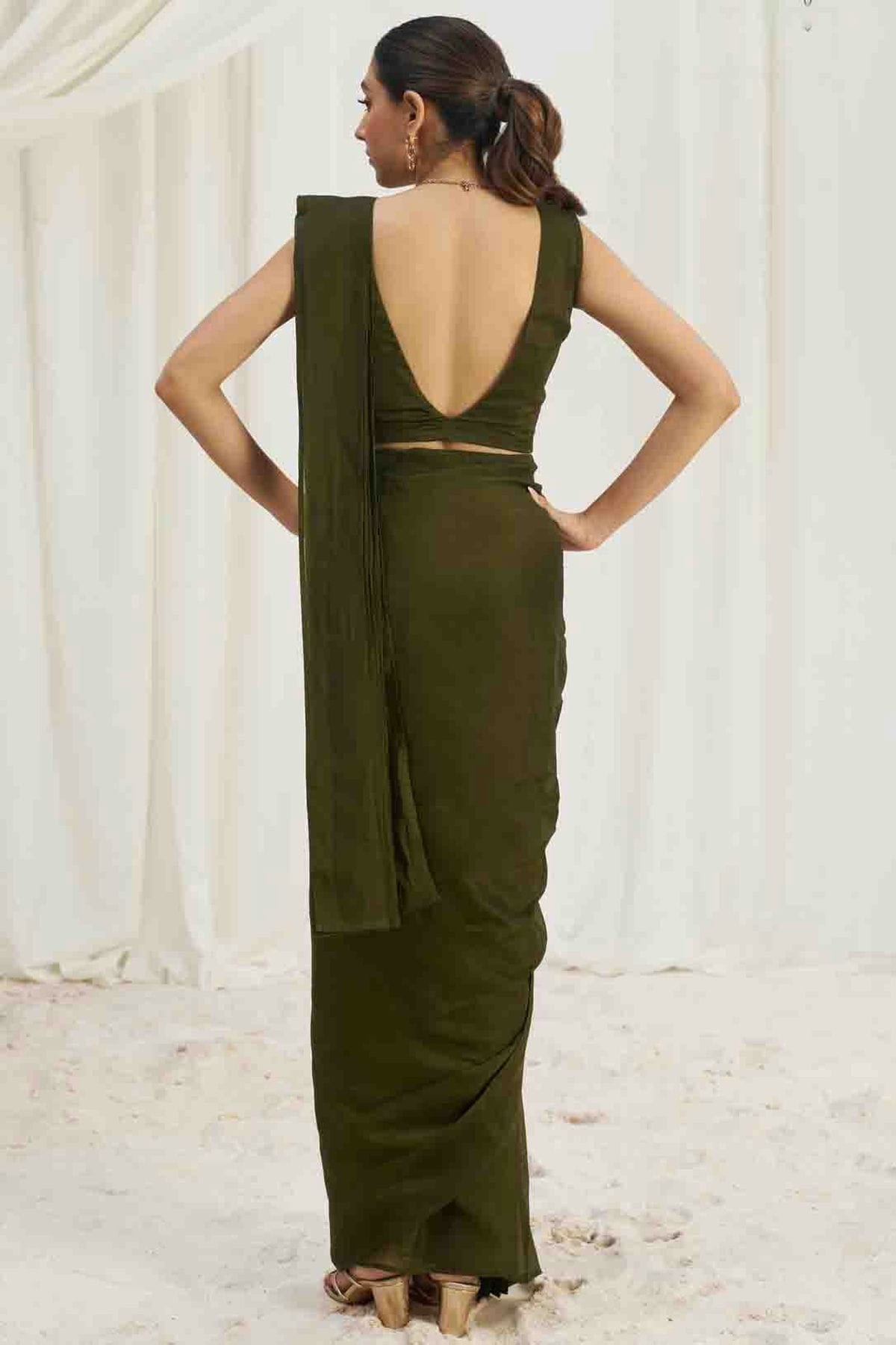 Mehendi Green Organza Hand Work Ready To Wear Saree VSSD1080979