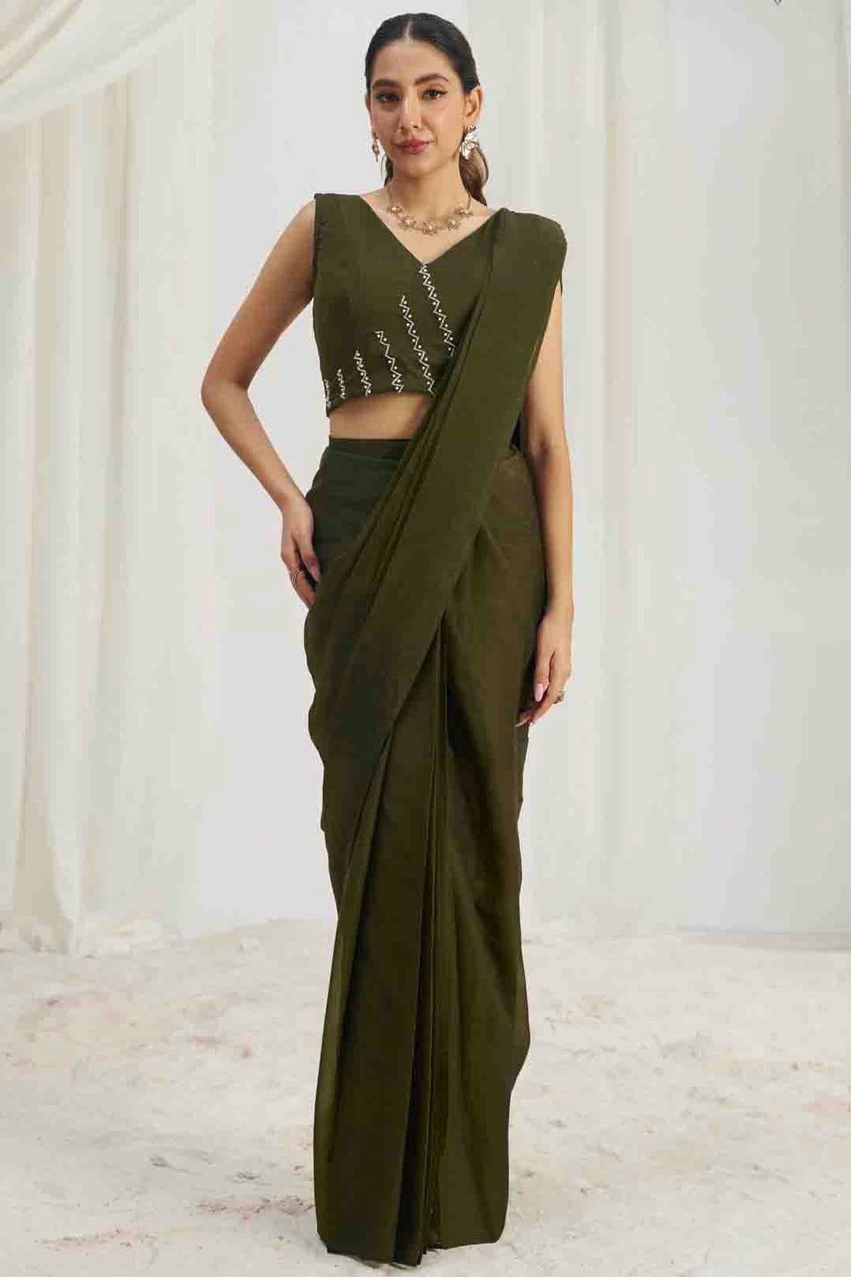 Mehendi Green Organza Hand Work Ready To Wear Saree VSSD1080979