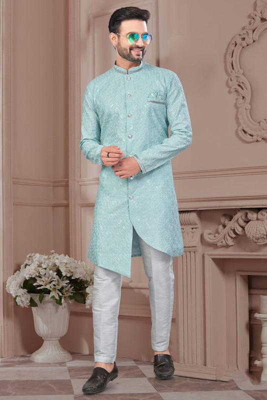 Mint Green Colour Silk Dupion Sherwani