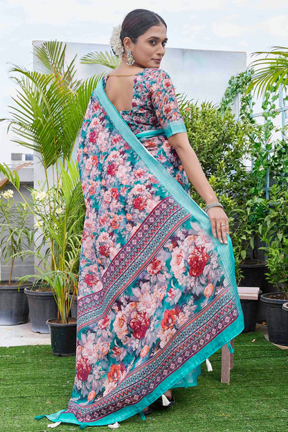 Multicolour Linen Blend Printed Saree VSSD1111642