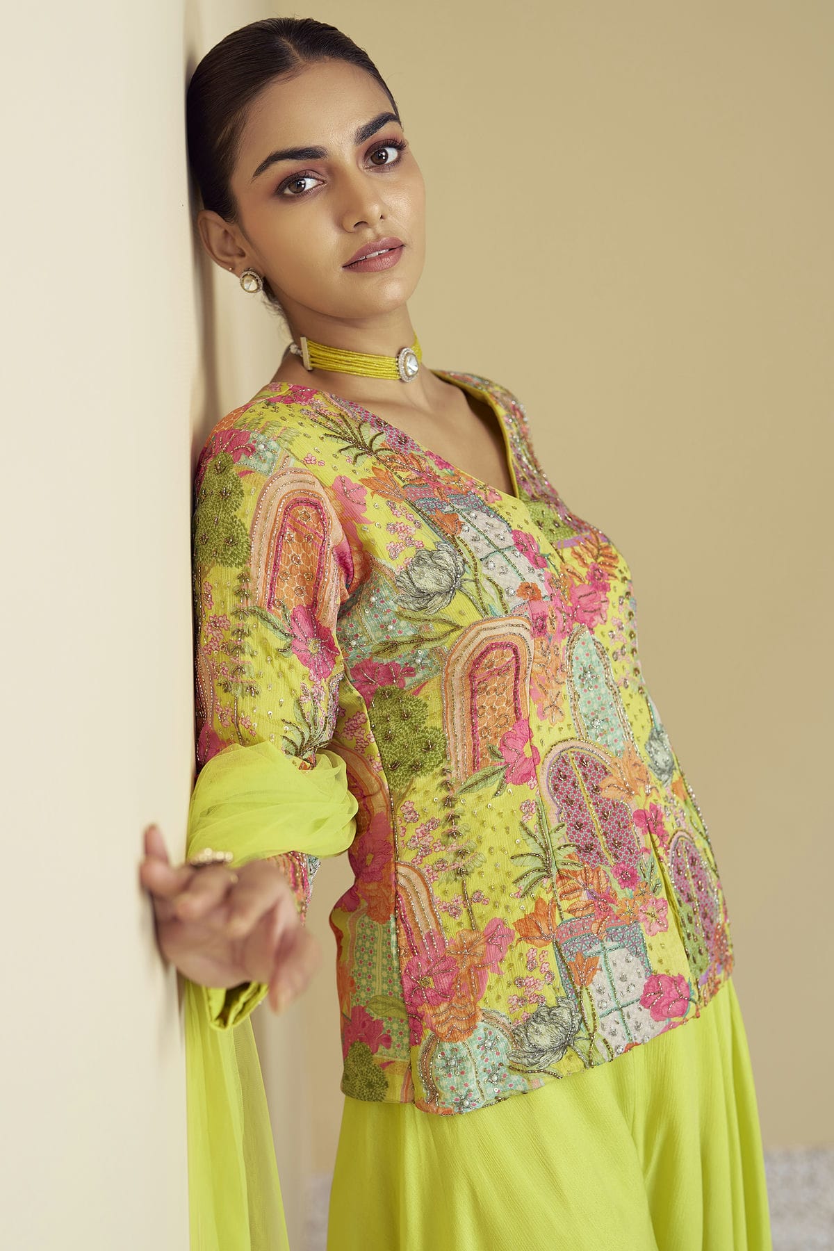 Multicolour Semi Stitched Pure Chinon Palazzo Pant Suit VSSM1140632