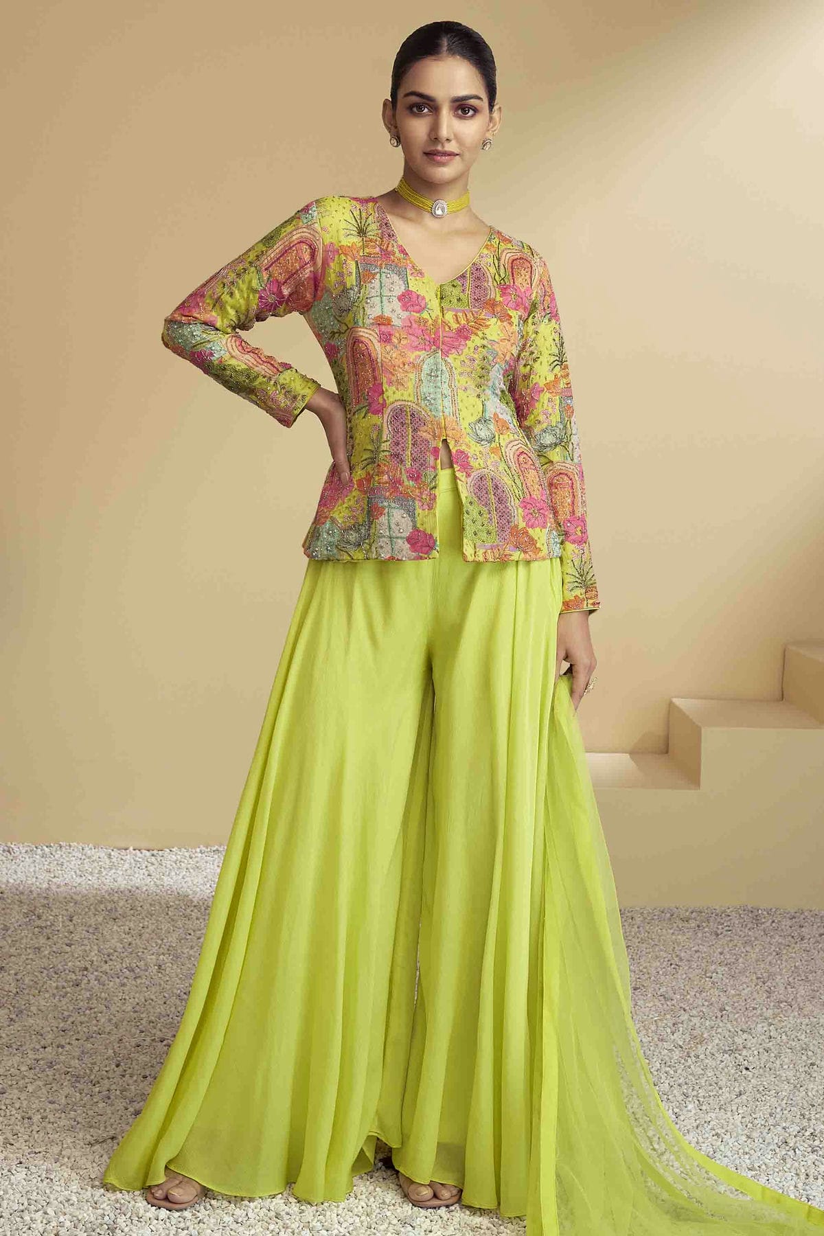 Multicolour Semi Stitched Pure Chinon Palazzo Pant Suit VSSM1140632