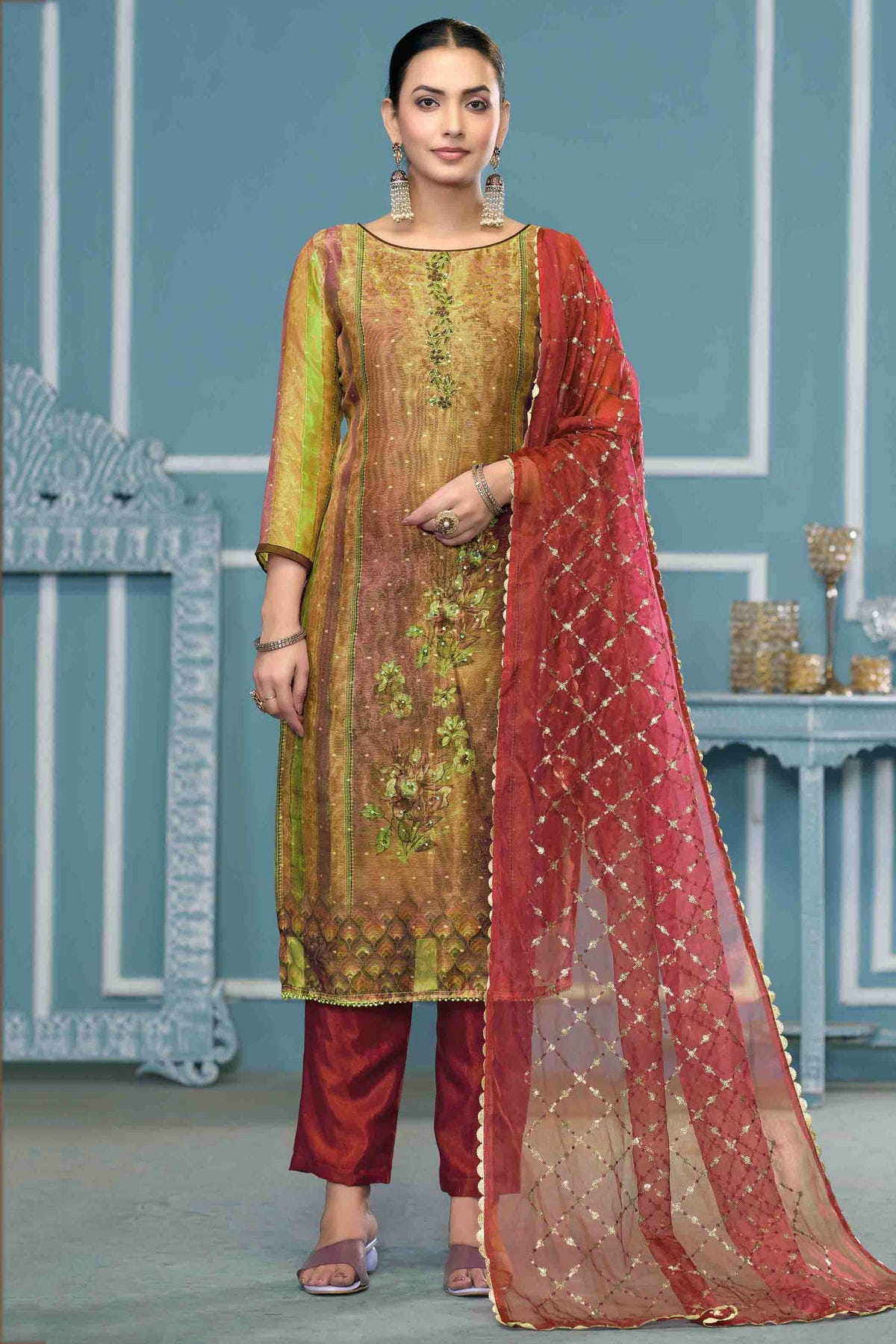 Multicolour Shimmer Silk Pant Style Suit VSSM1113221