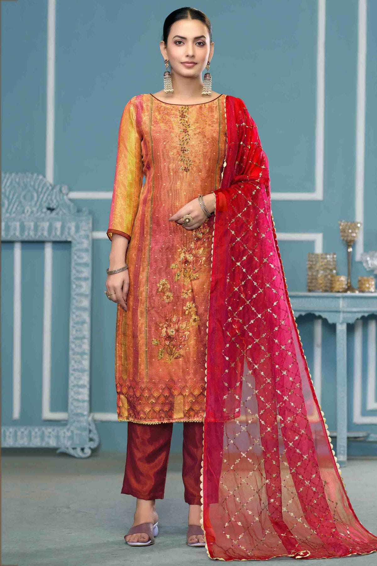 Multicolour Shimmer Silk Pant Style Suit VSSM1113222