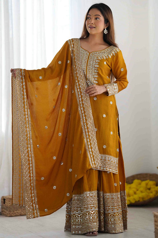 Mustard Colour Chinon Silk Stitched Suit VSSS1112997