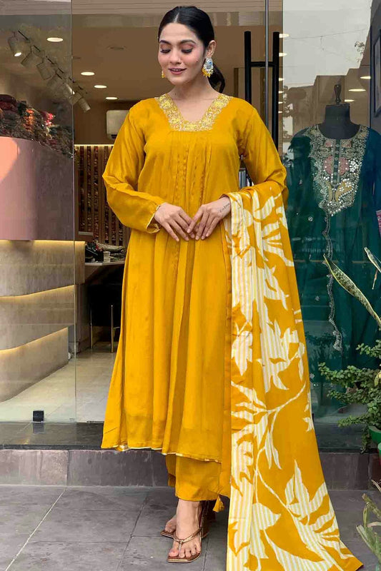 Mustard Colour Chinon Silk Stitched Suit VSSS1113273