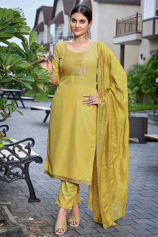Mustard Colour Cotton Blend Stitched Suit VSSS1112984