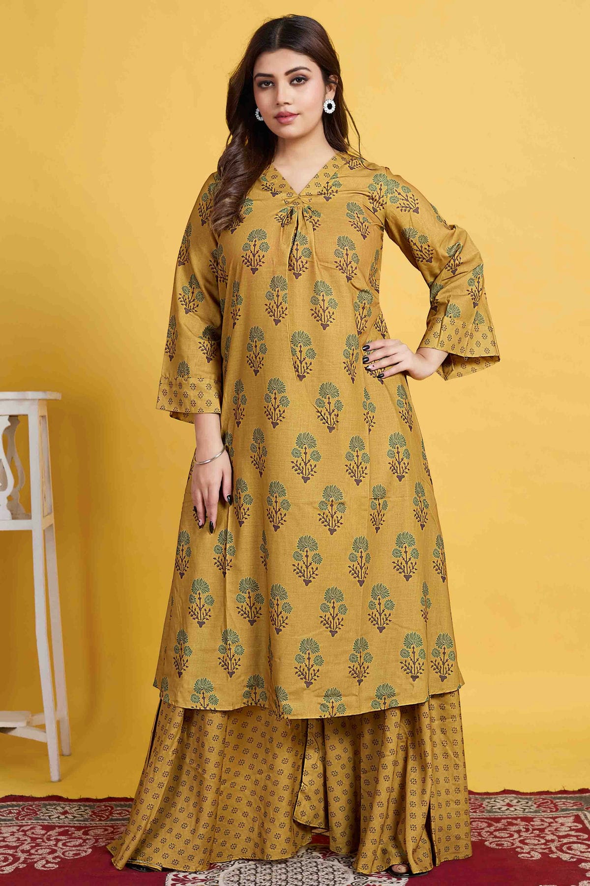 Mustard Colour Cotton Stitched Palazzo Pant Suit VSSS1140961